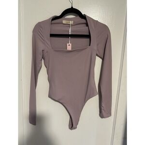 Qinsen Women's Size Small Bodysuit LongSleeve Thong Square Neck Sleek Top Purple